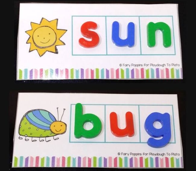 Elkonin sound boxes with letter magnets for the words sun and bug