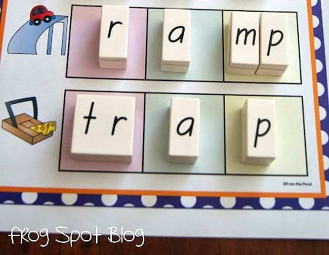 Elkonin boxes with phoneme blocks for the words RAMP and TRAP