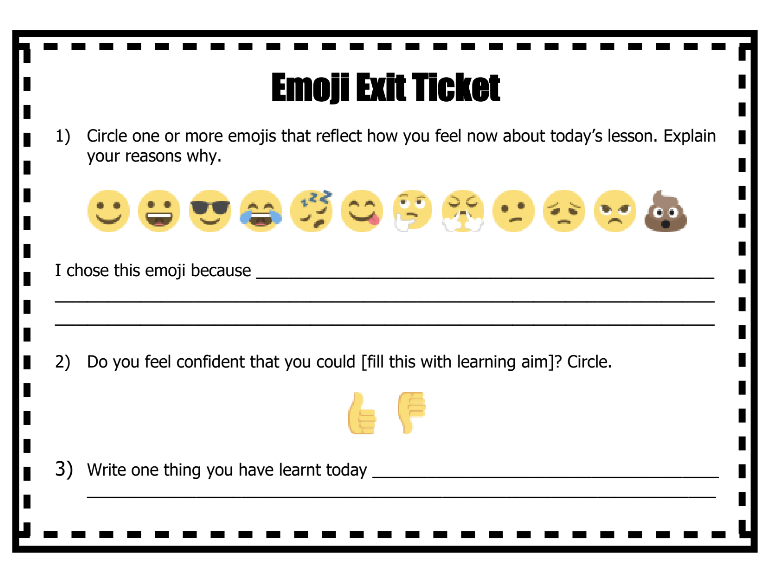 An example of emoji exit tickets assessing student's feelings about the day's lesson 