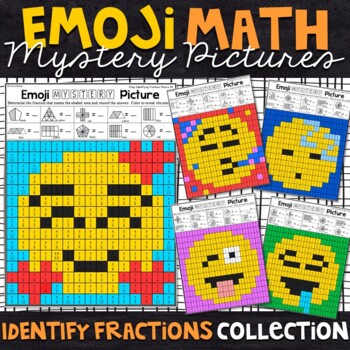 Collage of fractions emoji mystery pictures games.