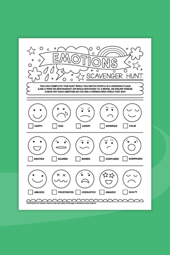 Emotions Scavenger hunt Flay lay of a printable emotions scavenger hunt on a green background