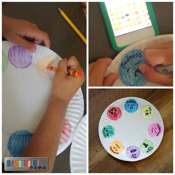 Three images of a child making an emotions spinner out of a paper plate as an example of social emotional activities