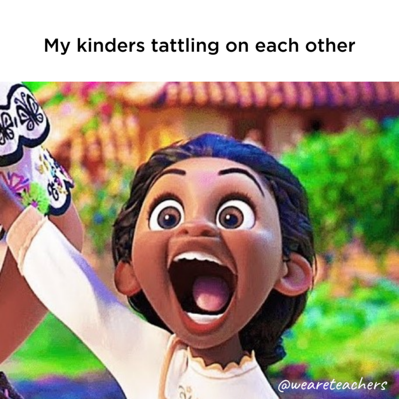 Meme of Encanto kid with text 'My kinders tattling on each other'