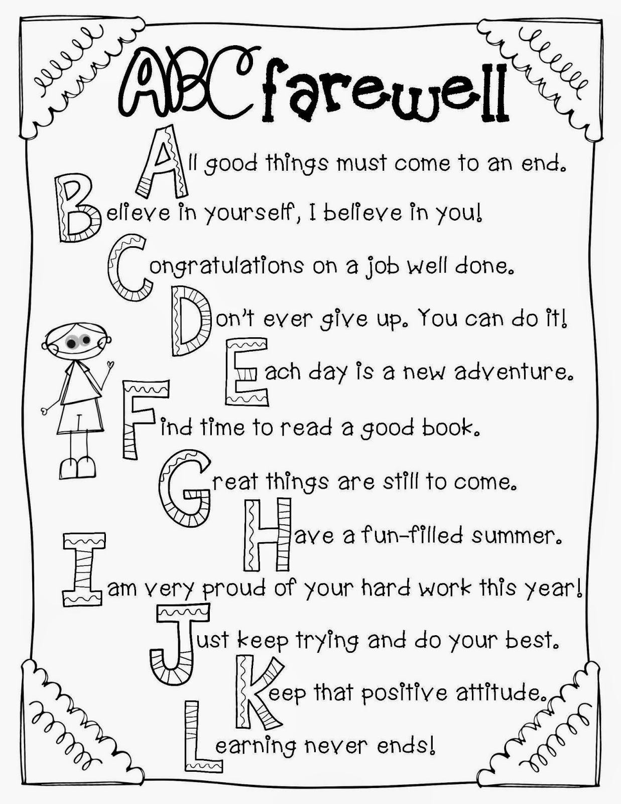 ABC Farewell printable, with a short note about the past school year for each letter