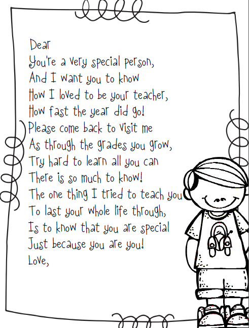 End of year poem for a young student, with a black and white clip art image of a boy