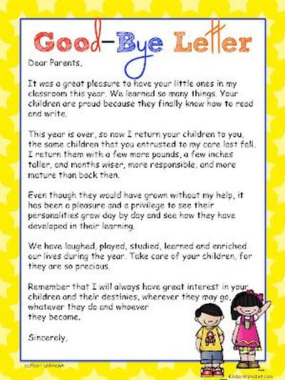 Letter from teacher to parents at the end of the year, thanking them for a good school year with their child
