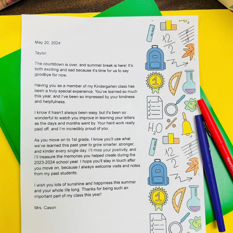 Customizable, printable end-of-year letter to students on a colorful background with colored pencils.