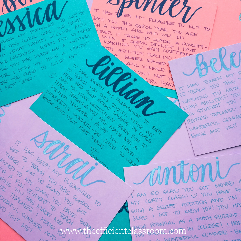 Handwritten notes to students on colorful notecards with their names in fancy script at the top
