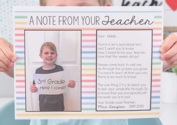 Student holding an end-of-year letter from their teacher, including a picture of the student