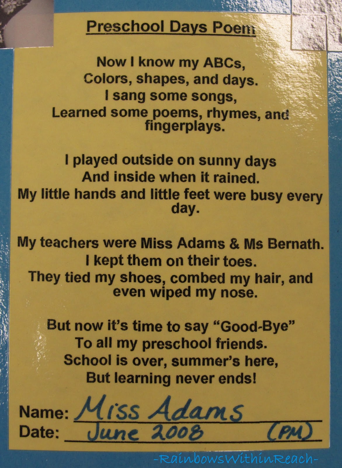 Poem about the end of preschool days from a teacher to a student