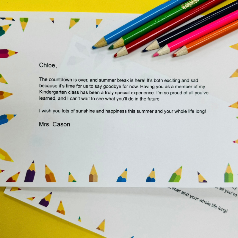 Customizable, printable end-of-year letter to students on a yellow background with colored pens.