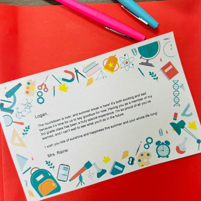 Customizable, printable end-of-year letter to students on a red background with colored pens.