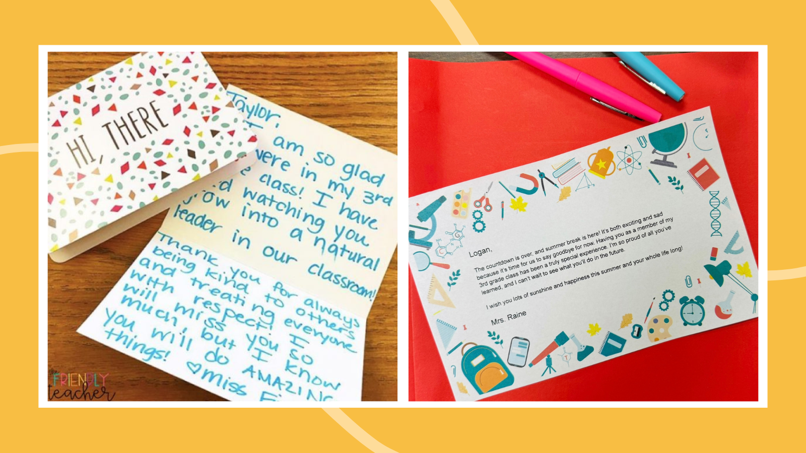Two end-of-year letters to students featured on colorful backgrounds.
