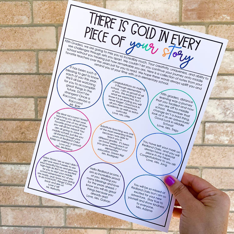 Teacher holding page called "There's Gold in every Piece of Your Story" with circles containing stories and quotes about the past school year