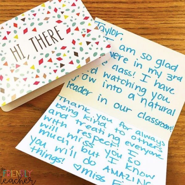 Handwritten note from a teacher to a student at the end of the year