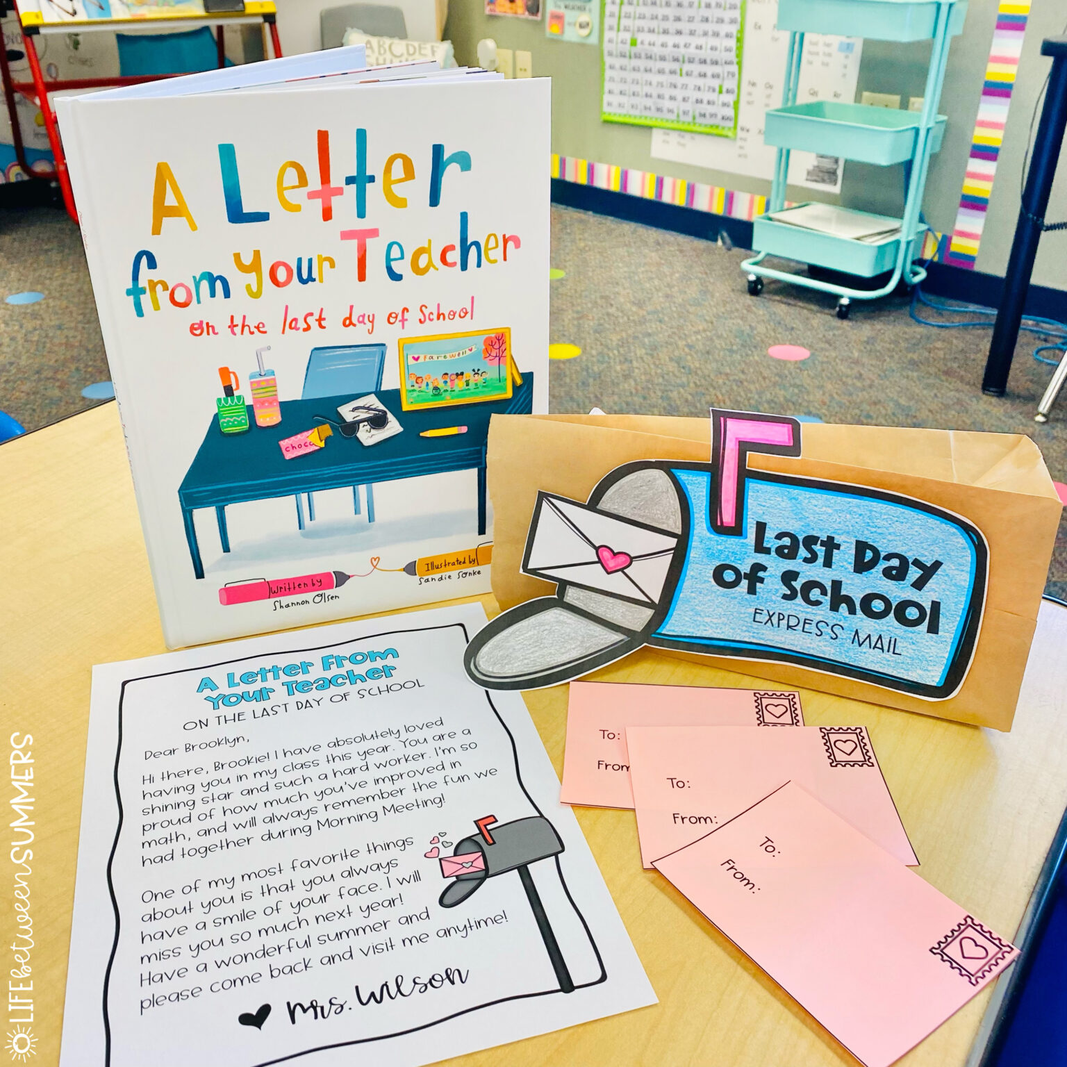 A book called "A Letter From Your Teacher on the Last Day of School" with a letter, notes, and a mailbox craft made from a paper bag