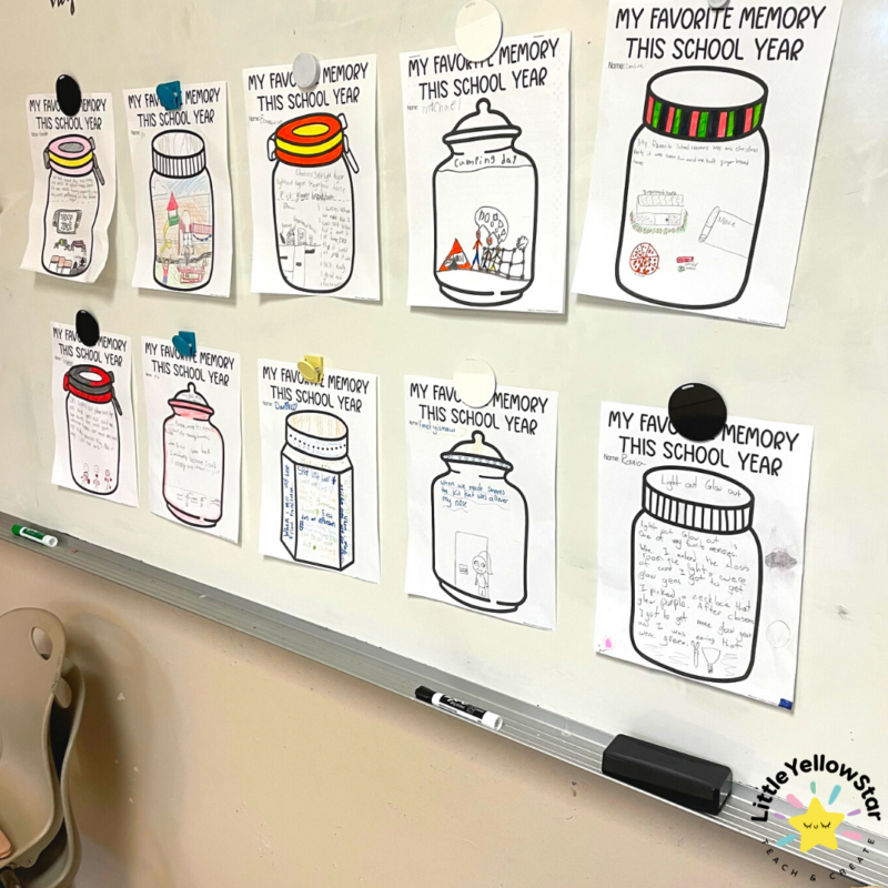 Printouts of memory jars with student words and drawings inside them hung on the wall.