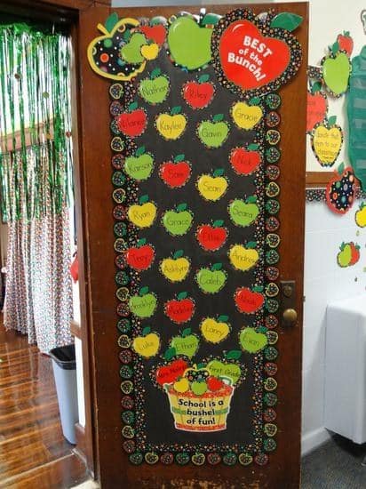 Door decoration of a basket of apples, each apple labelled with the student's names -- classroom doors