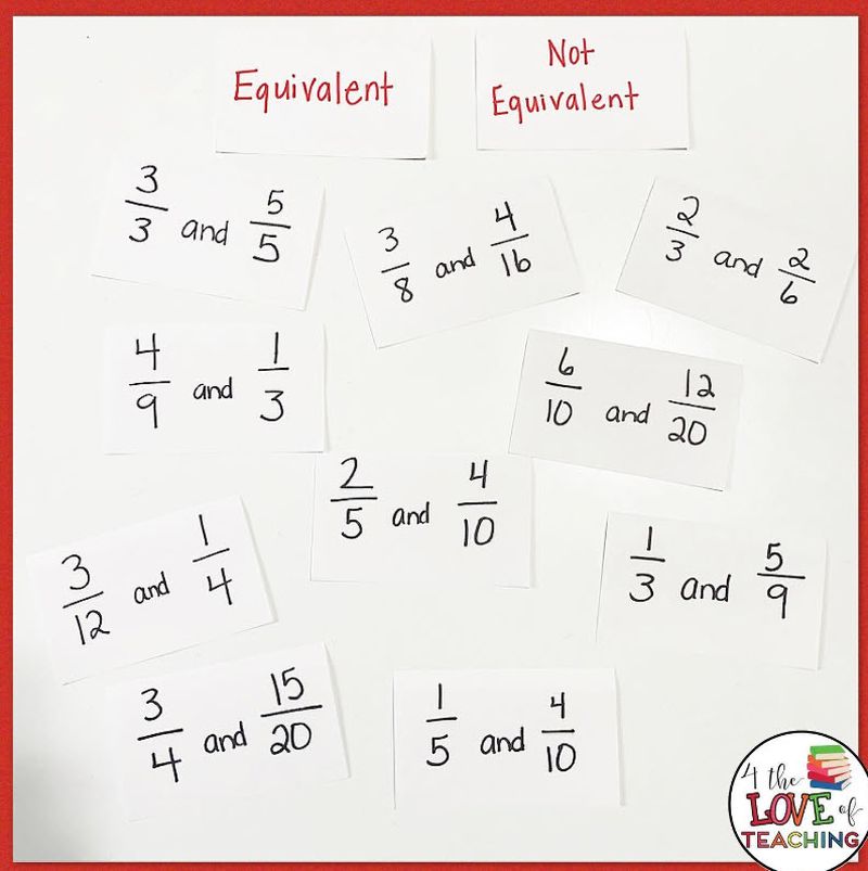 Cards with two fractions on each sorted by whether they contain equivalent or non-equivalent fractions