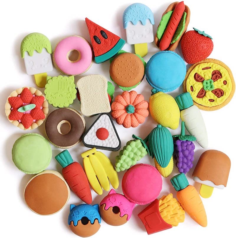Colorful erasers in the shapes of food like doughnuts and watermelon