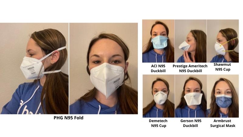 Collage of teacher with long dark blonde hair wearing several types of face masks