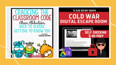 Two examples of escape room games for kids including one about the Cold War and a Classroom Alien Invasion game on an orange background