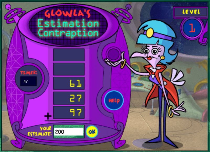 Cartoon character standing next to a machine with a column of two-digit numbers called Estimation Contraption