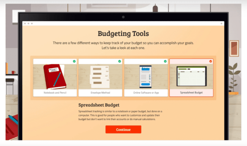 Screenshot from EverFi's Financial Literacy for High School program, showing the steps of making a budget