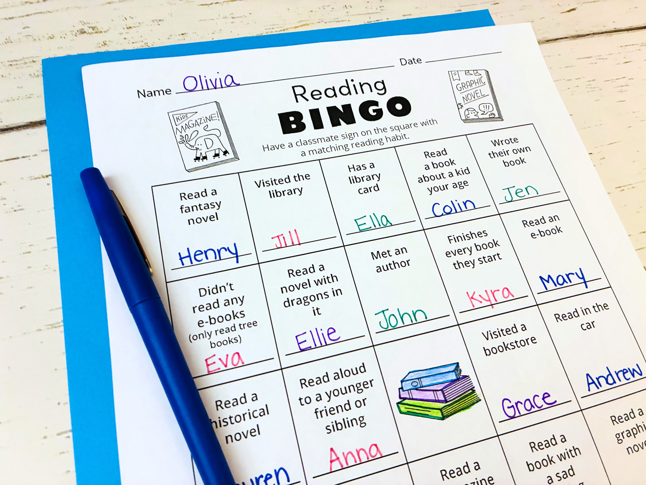 Read Across America Activities an image of a reading bingo printable on top of a blue paper