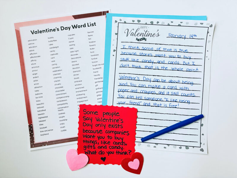 An image of a Valentine's Day word list and a student's response to a writing prompt