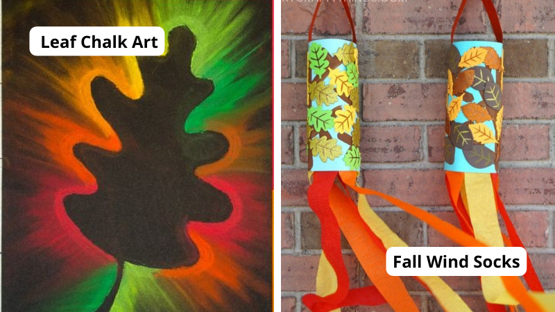 Examples of fall art projects, including leaf chalk art and fall wind socks.