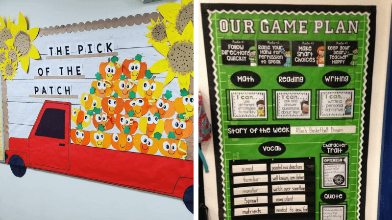 Examples of fall bulletin board ideas, including a red pickup truck holding pumpkins and a football themed game plan for the daily schedule.