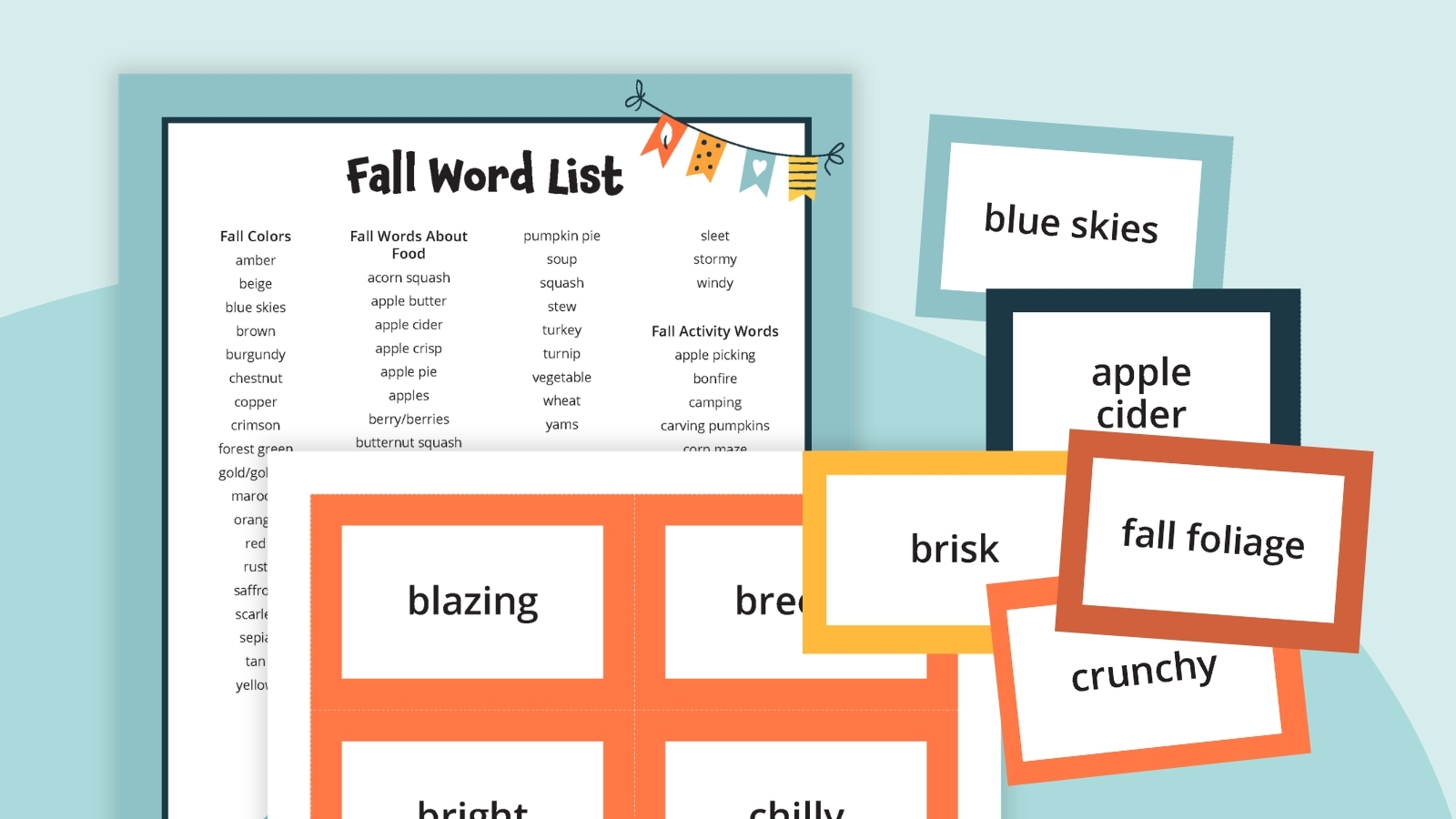 Fall Words an image of a fall word list printable with fall word list cards