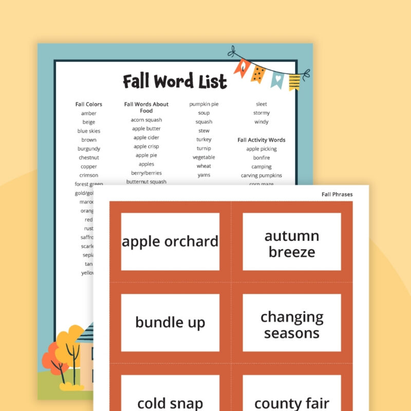 an image of a fall word list printable with fall word list cards