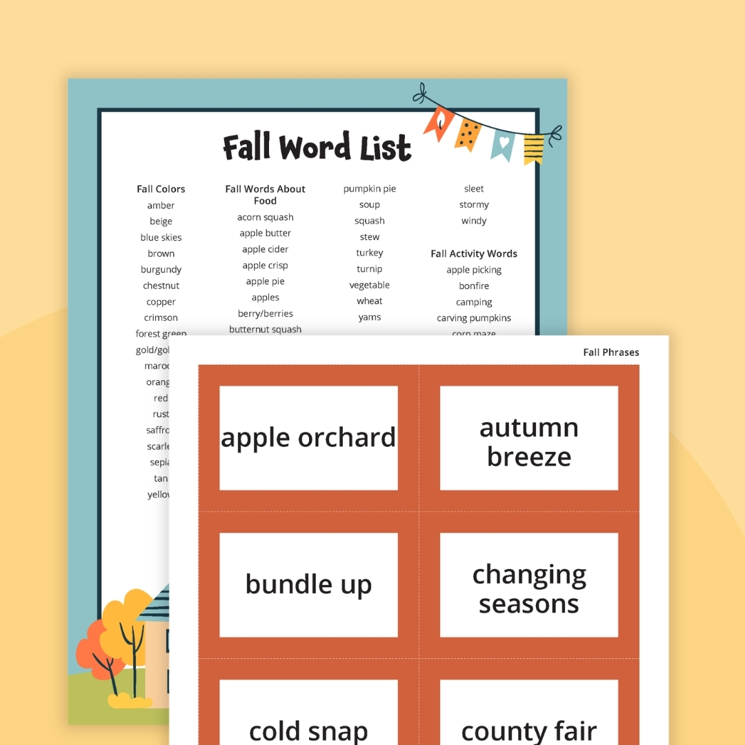 Fall Words an image of a fall word list printable with fall word list cards