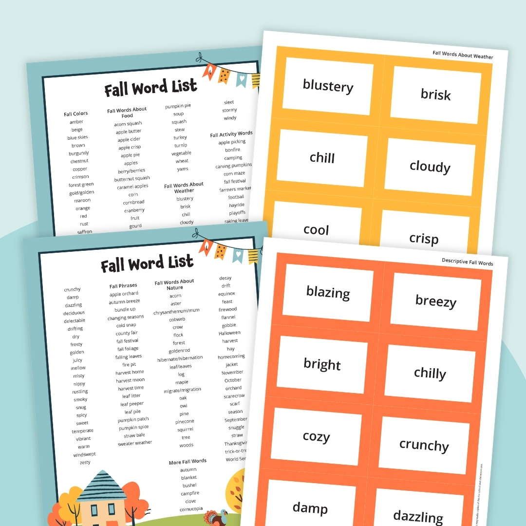 Fall Words an image of a fall word list printable with fall word list cards