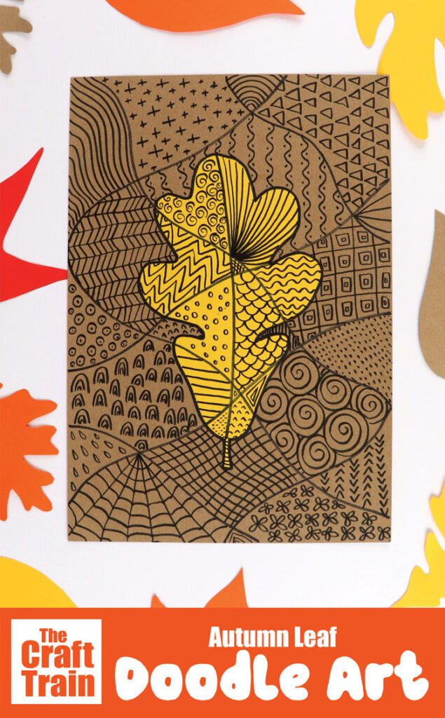 A piece of paper is sectioned off into different areas and a leaf shape in the middle is colored in yellow. Each section has doodles of different designs inside.