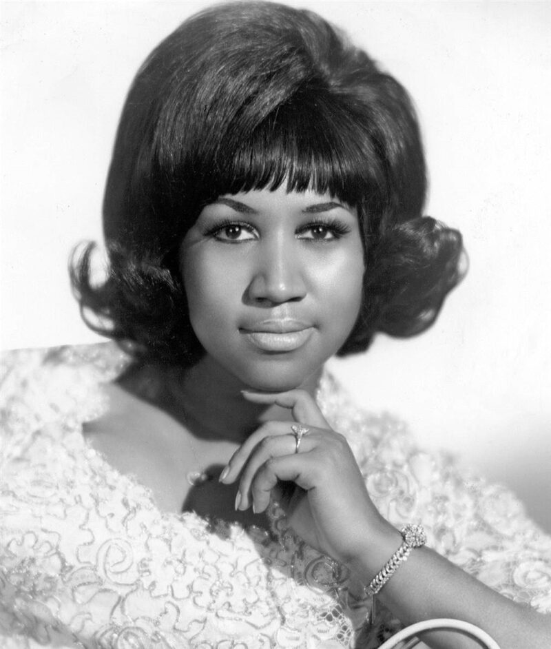 Black and white photo of Aretha Franklin