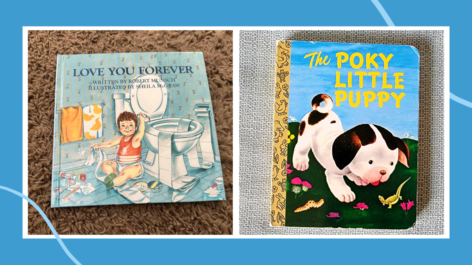 I'll Love You Forever book on brown rug and The Pokey Little Puppy book on table.