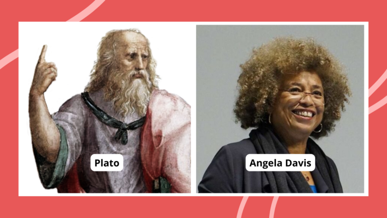 Illustration of Plato and photograph of Angela Davis, famous philosophers.