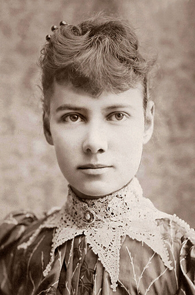 Nellie Bly (Pseudonym of Elizabeth Cochrane Seaman), head and shoulders portrait circa 1890.