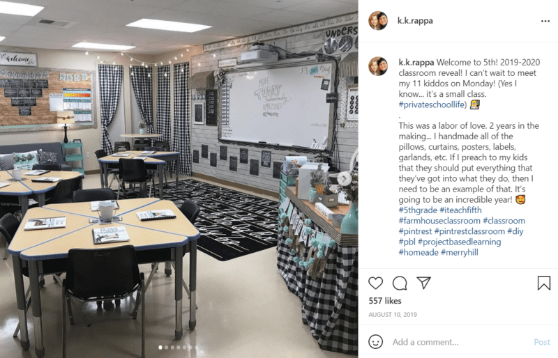 A classroom largely decorated in black and white plaid is shown with desks, a whiteboard, bulletin boards, and rug all fitting a farmhouse motif.