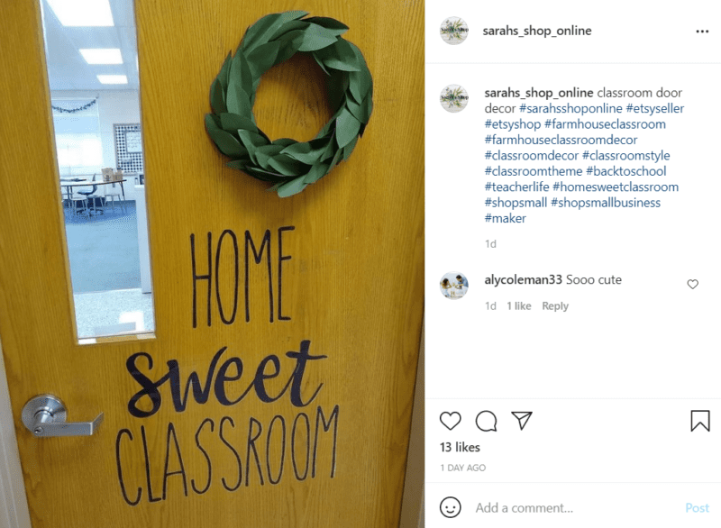 Classroom door features the words "Home Sweet Classroom" in decorative cursive along with a laurel wreath hanging above it.