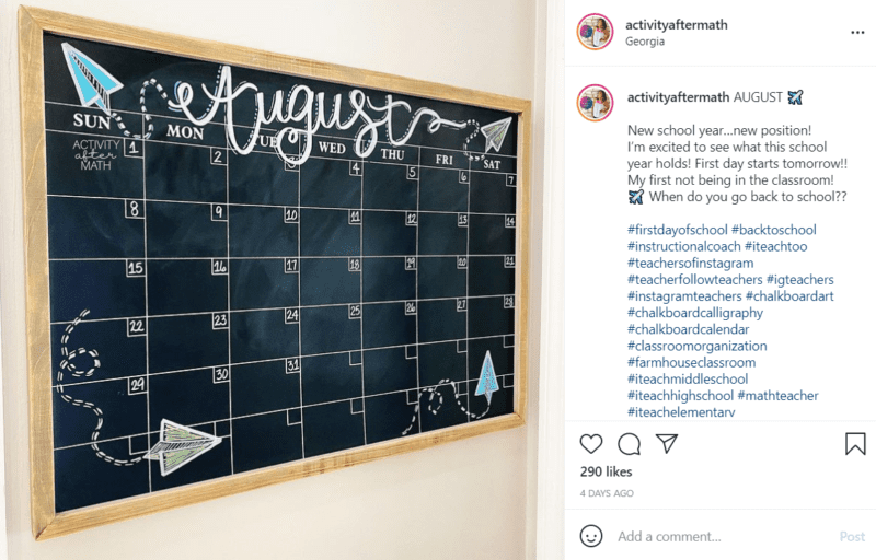 A month of August calendar written onto a black chalkboard with whimsically flying paper airplanes drawn in each corner.