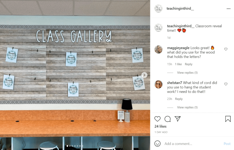 Faux wood paneling adorns a bulletin board above a countertop with stools featuring the phrase "Class Gallery" and strings for hanging photos.