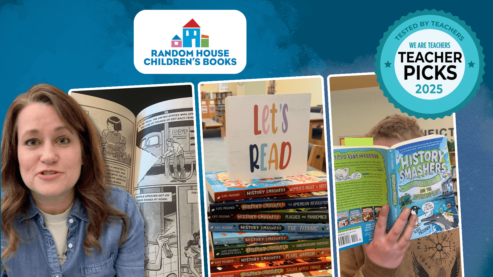 HIstory Smashers Teacher Pick white female teacher with brown hair in front of images of kids reading History Smashers