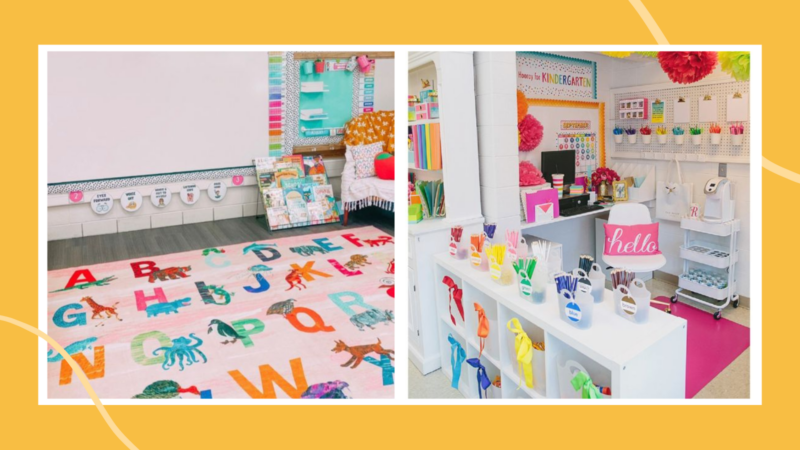 Two colorfully decorated kindergarten classrooms.