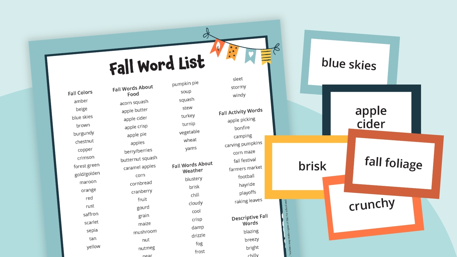 an image of a fall word list printable with fall word list cards