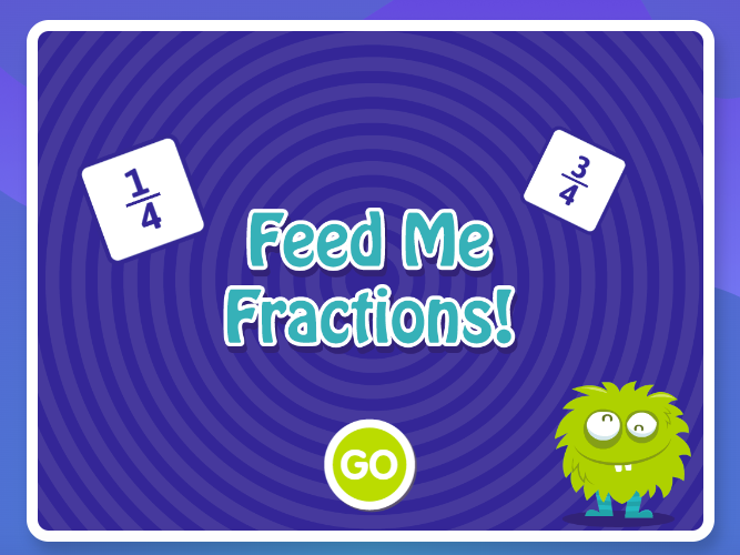 Home screen of online fraction learning game Feed Me Fractions