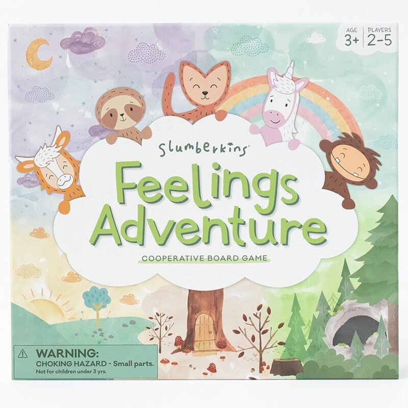best cooperative board games include this one which shows a box that says Feelings Adventure and a rainbow and baby cartoon animals.